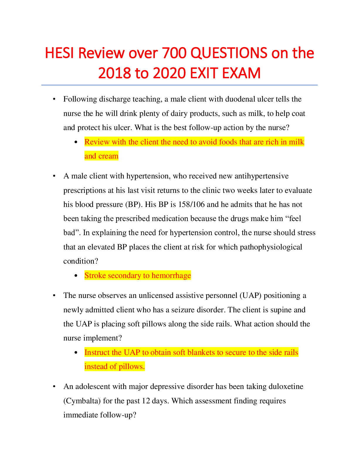 Hesi Exit Exam RN V1 2022/2023 Screenshots and Review Questions ( 160 Q